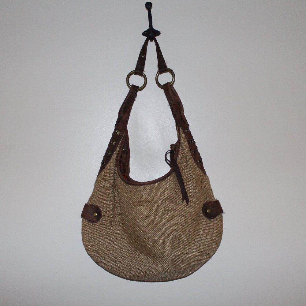 13A LADIES "HOBO" BURLAP/LEATHER PURSE